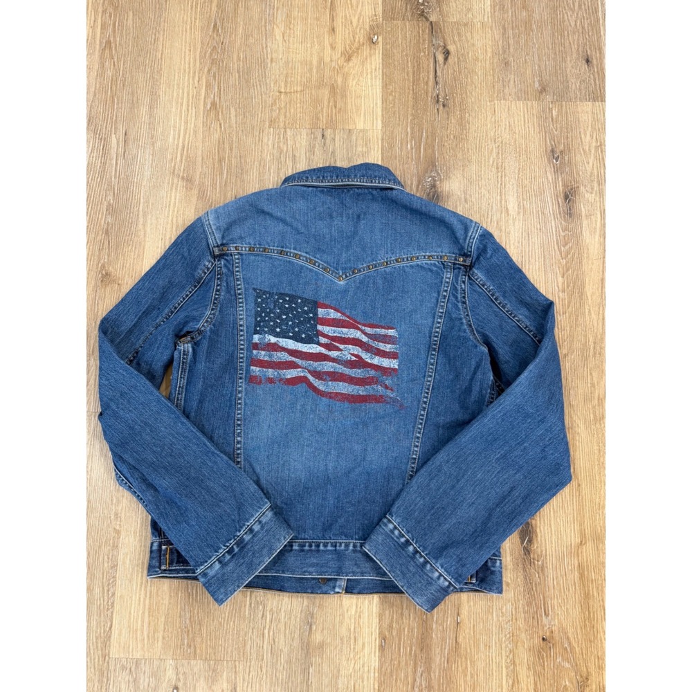 Abercrombie & Fitch Americana Denim Jacket Women Large Blue Studded Flag Graphic